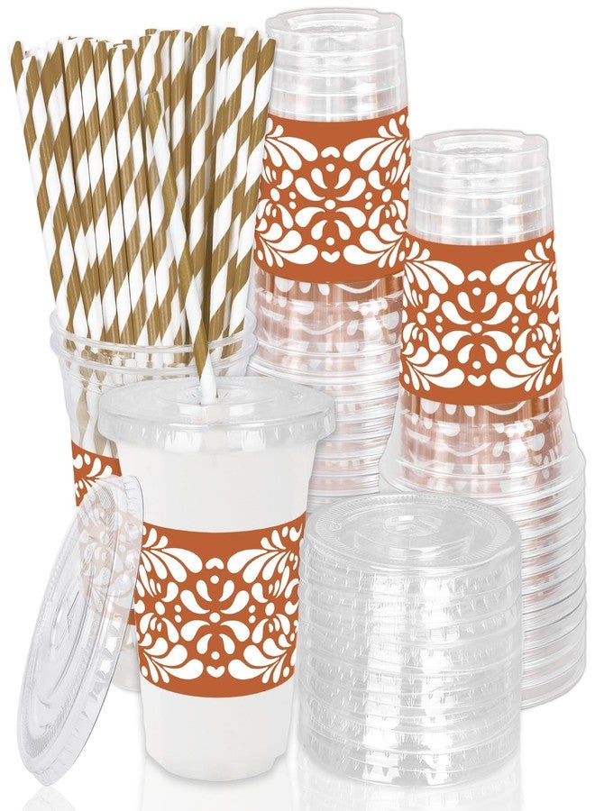 JarThenaAMCS مجموعة جارثينا إيه إم سي إس المكونة من 50 قطعة من أكواب سيليتو ليندو البلاستيكية للاستخدام مرة واحدة مع أغطية وماصات، أكواب طينية مزينة بزهرة تيراكوتا للمشروبات الباردة، مثالية لحفلات الزفاف المكسيكية على طراز تالافيرا. - Image 1